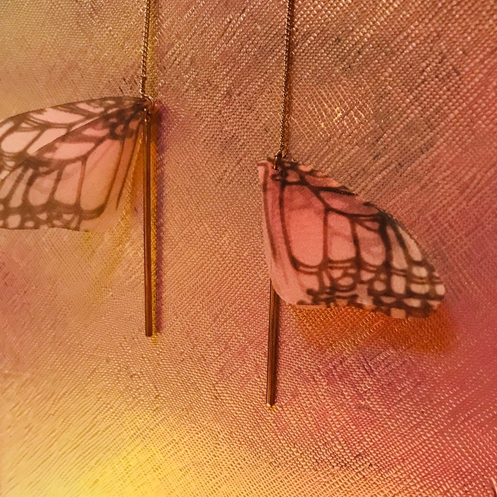 Gold Pink Butterfly Wing Earrings